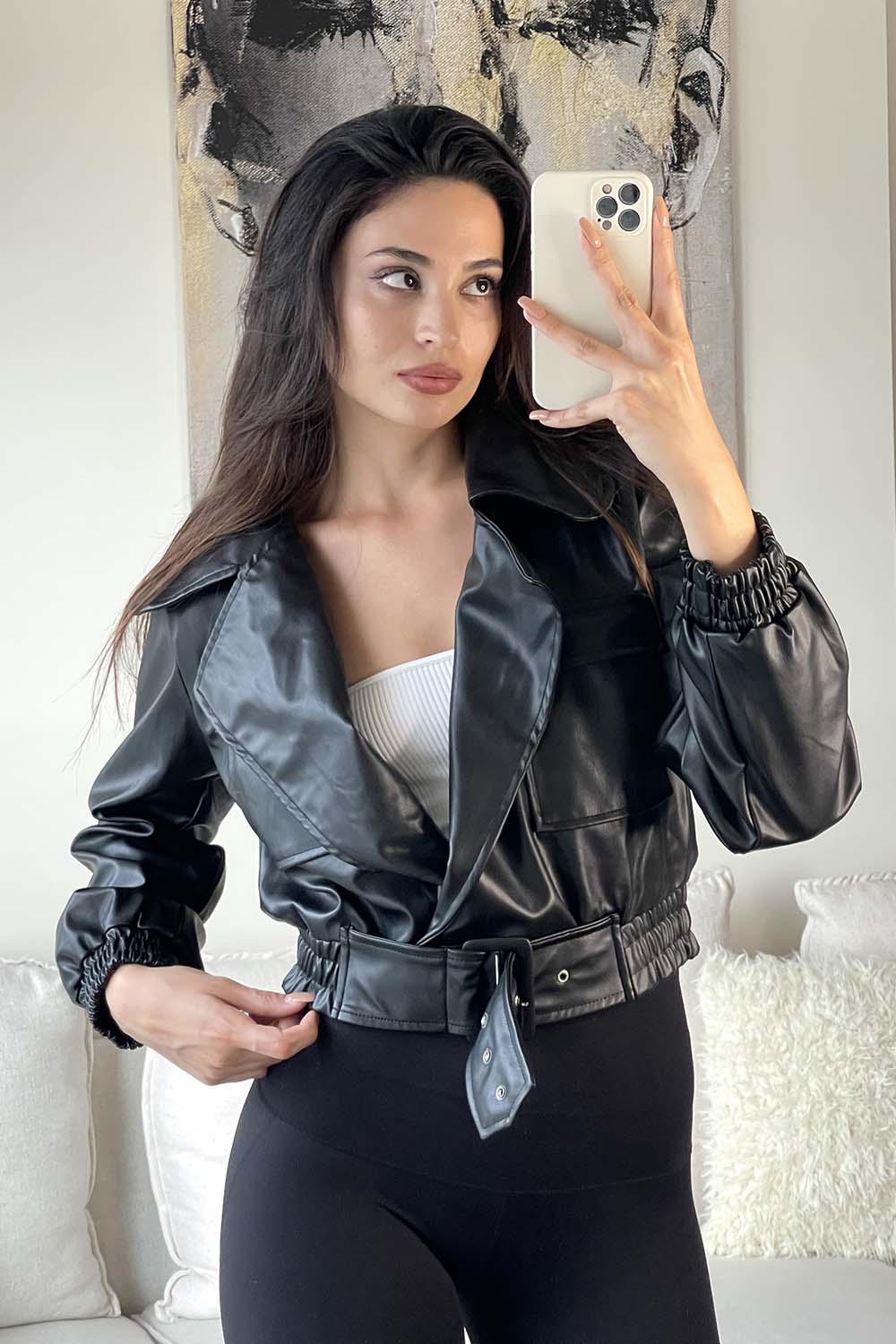 Black Shirt Collar Long Arm Skin Jacket