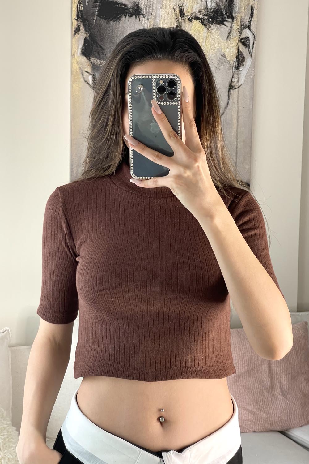 Bitter Brown Crew Neck Long Arm Combed Fabric Body