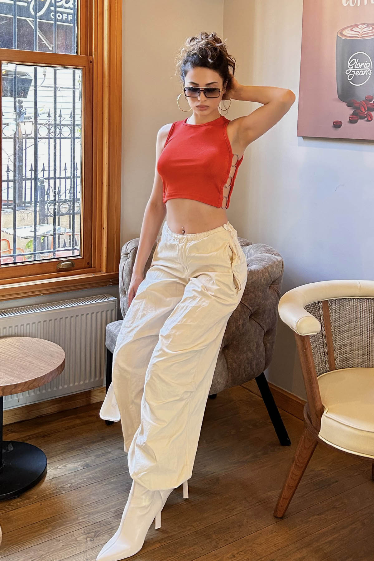 Orange Crew Neck Zero Arm Knitwear Crop