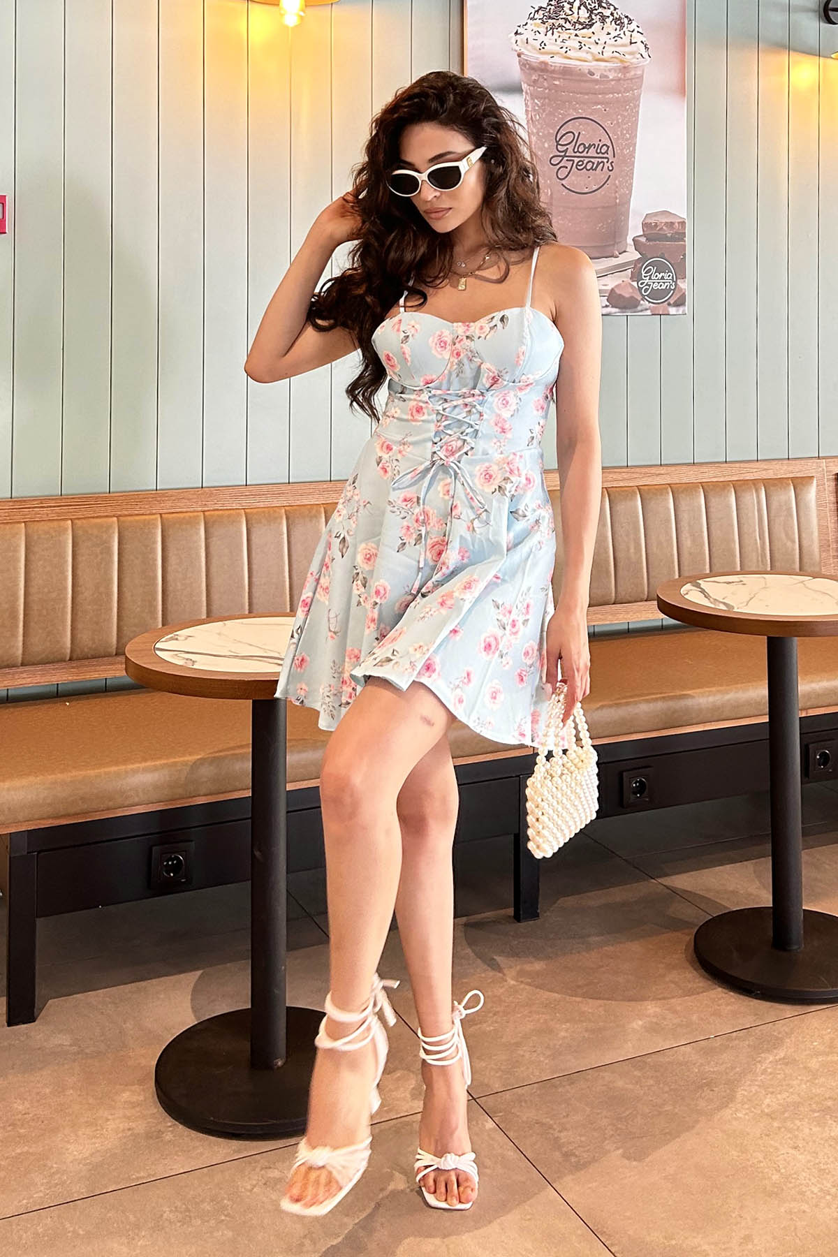 Baby Blue Normal Neck Viscose Fabric Printed Dresess