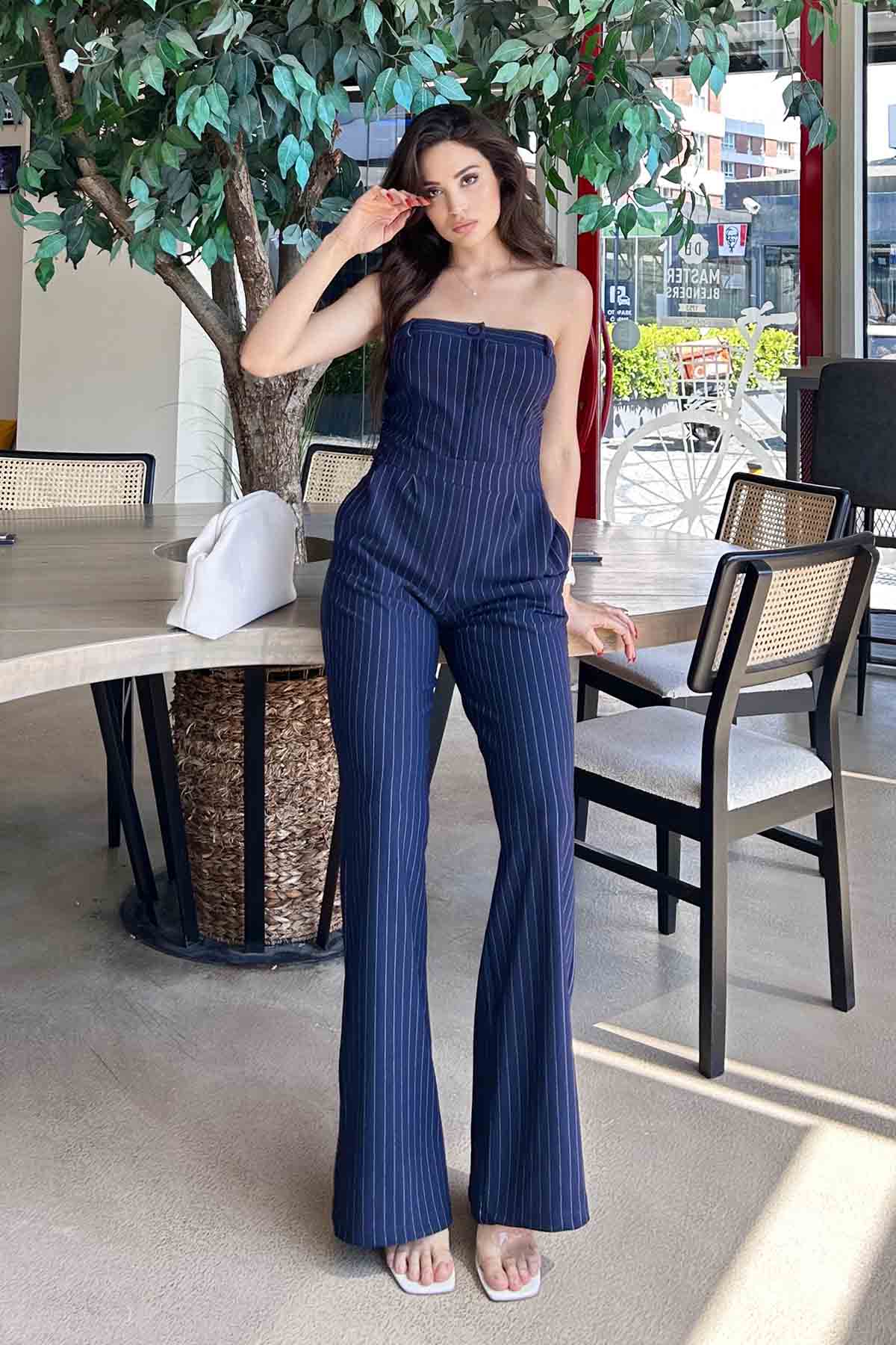 Navy Blue Shirt Collar Denim Unprinted Overalls