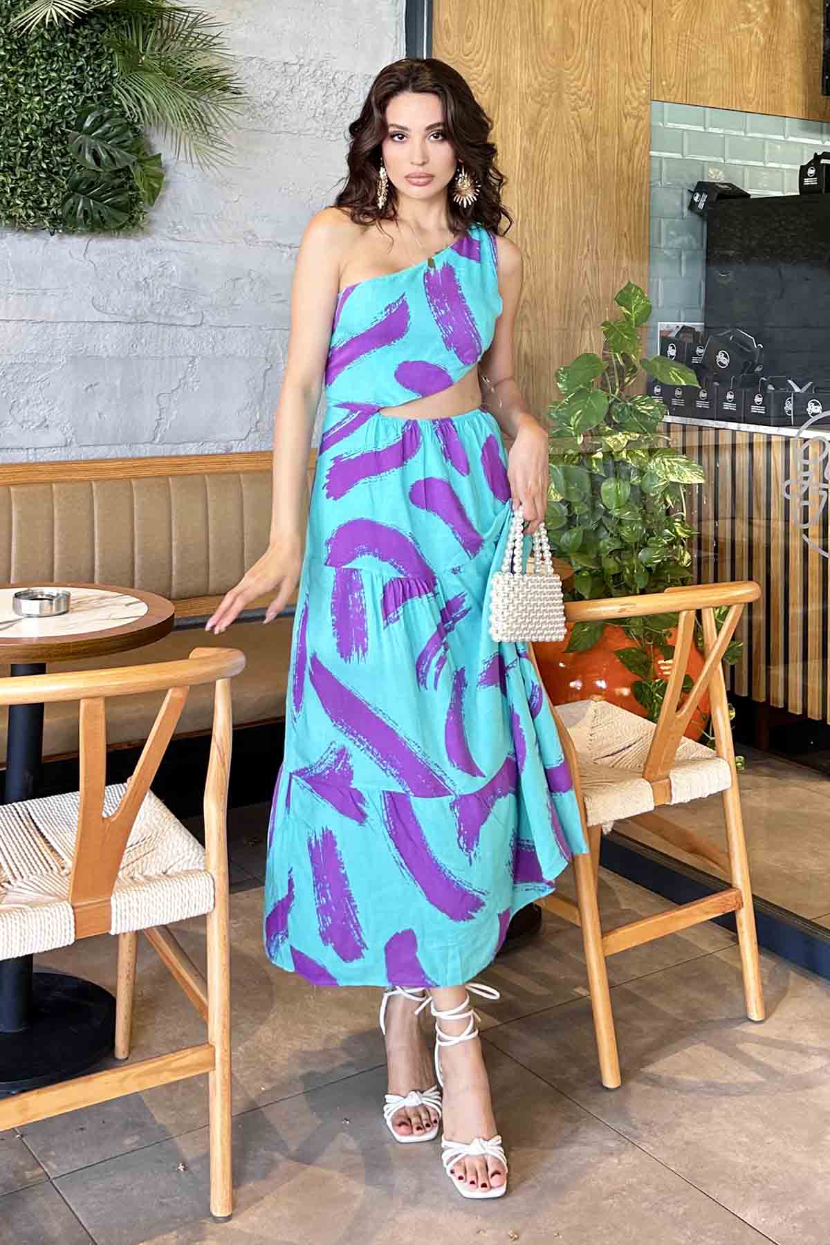 Turquoise Scope Neck Knitwear Unprinted Dresess