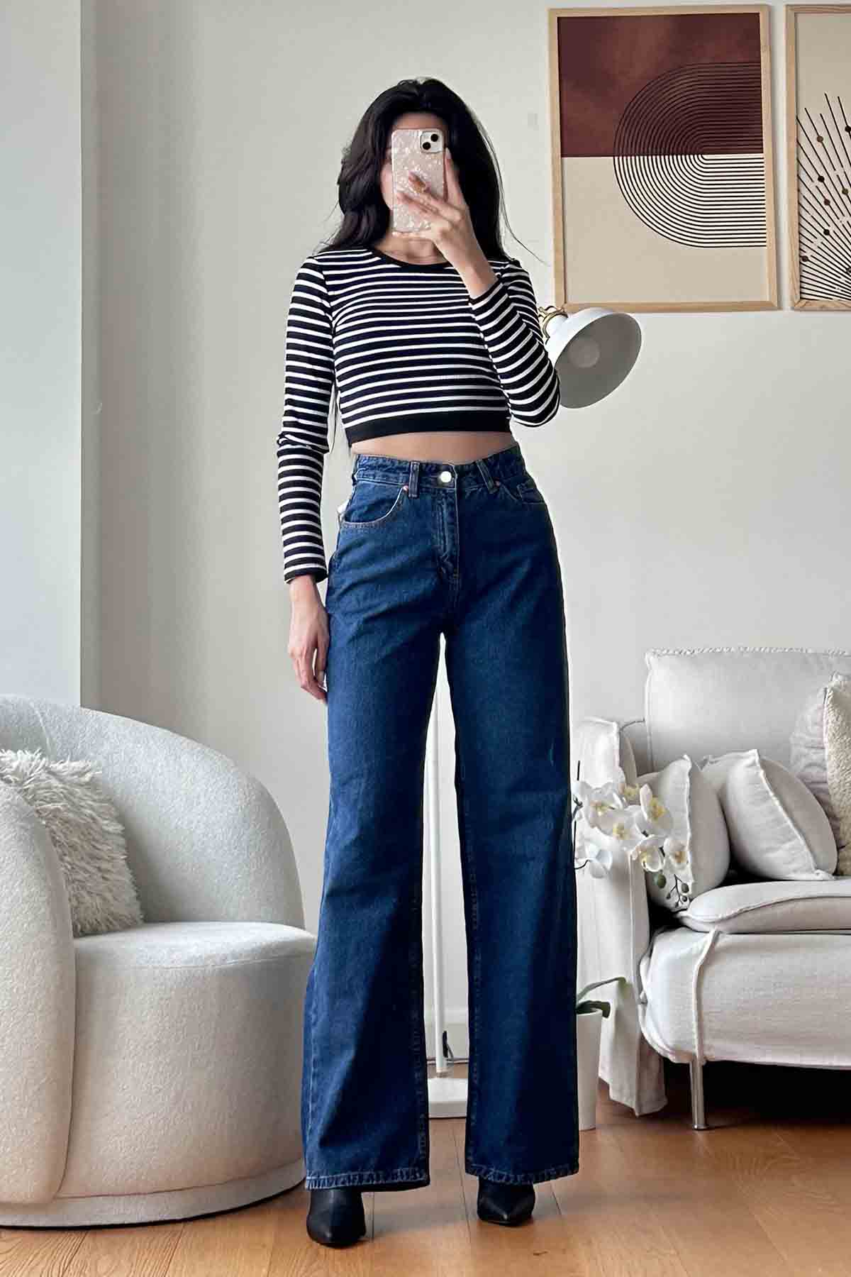 Dark Blue Denim High Waist Denim Pants