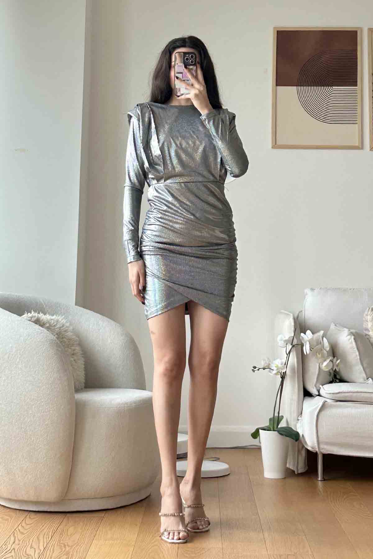 Silver Scoop Neck Knitwear Unprinted Dresess