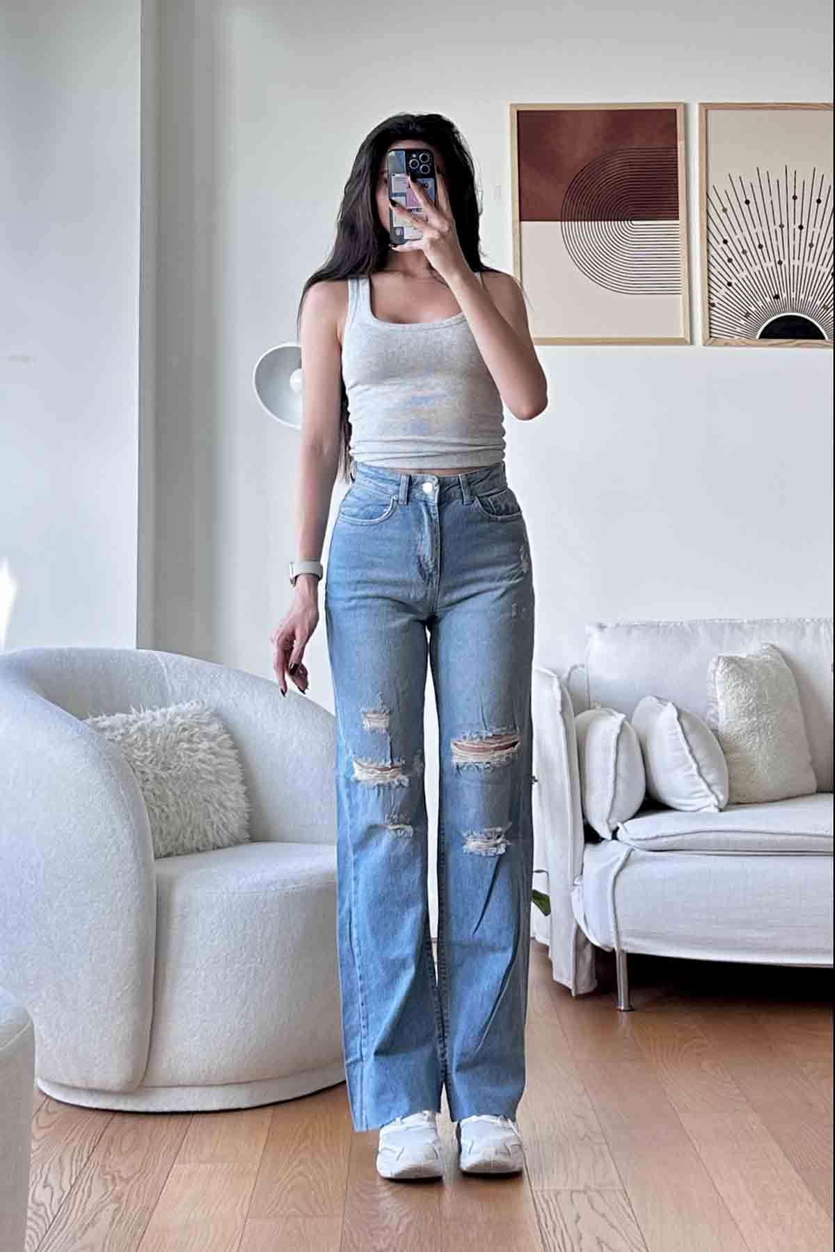 Ice Blue Denim High Waist Denim Pants