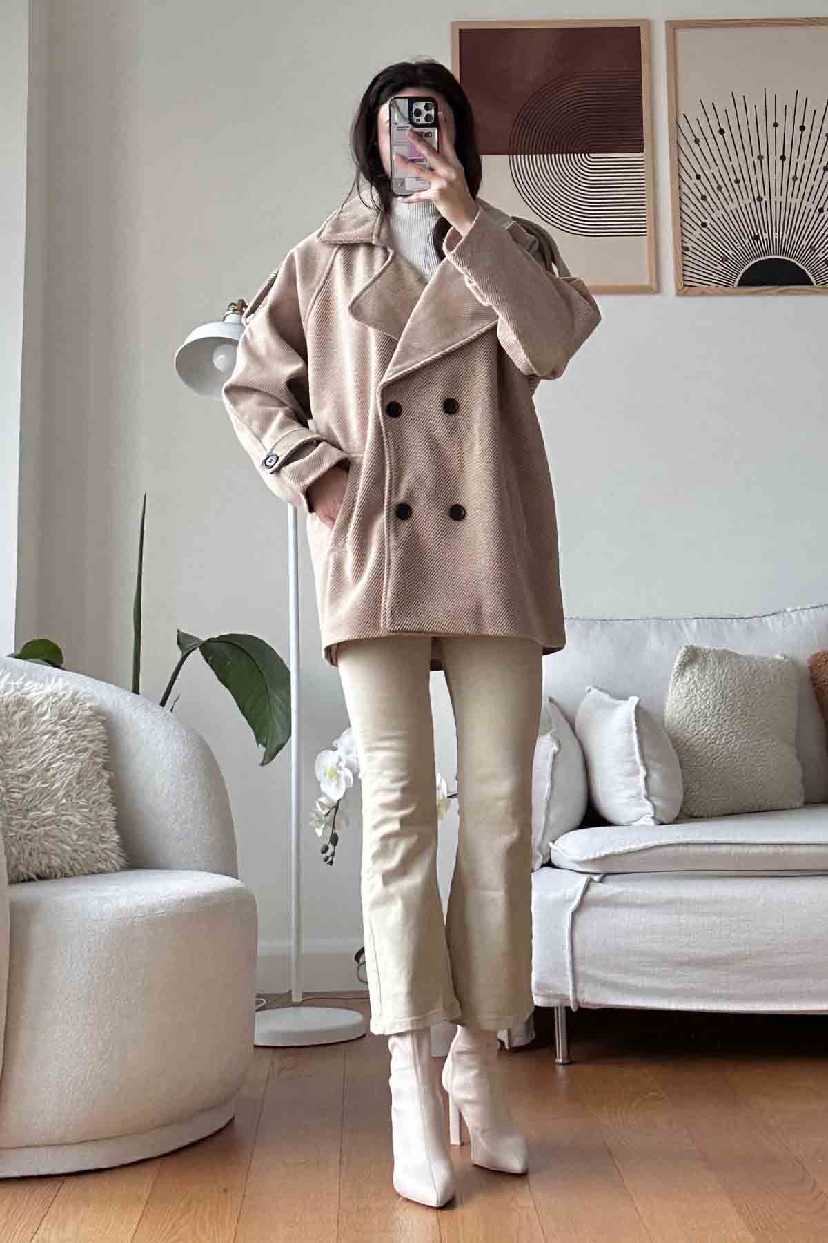 Brown V Neck Long Arm Stamp Fabric Coat