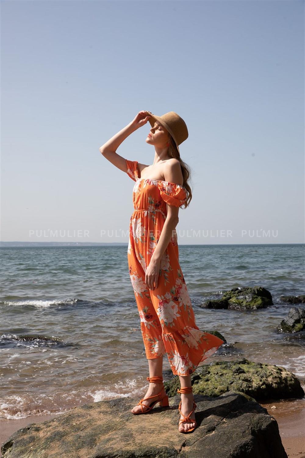 Orange Pool Neck Combed Fabric Unprinted Dresess
