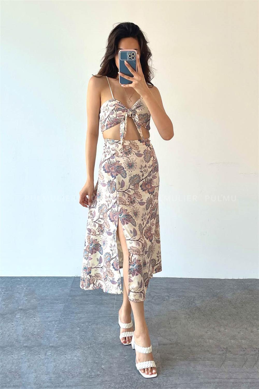 Beige Pool Neck Combed Fabric Unprinted Dresess