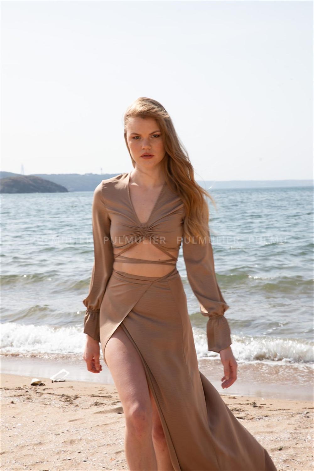 Camel Pool Neck Combed Fabric Unprinted Dresess