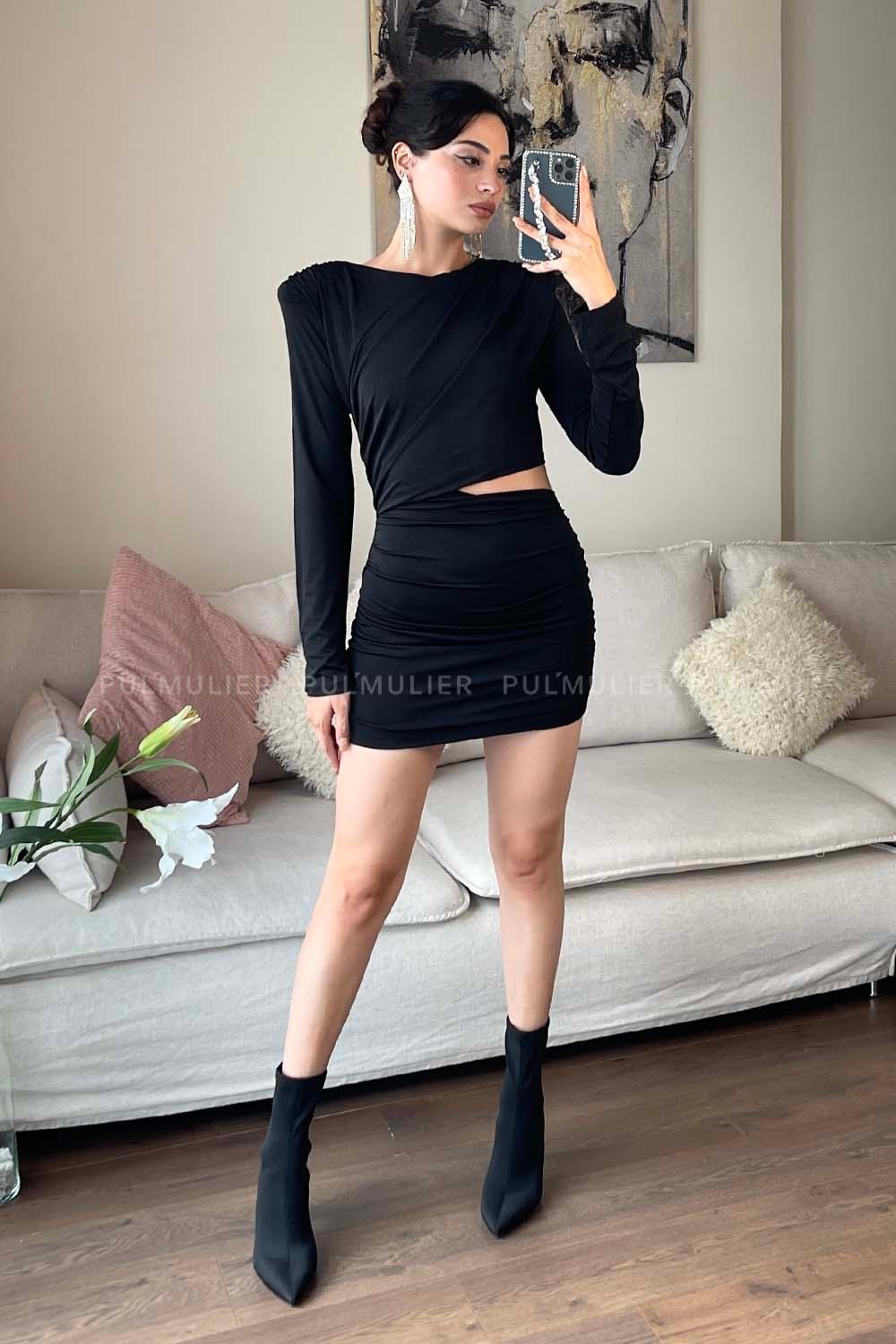 Black Crew Neck Knitwear Unprinted Dresess