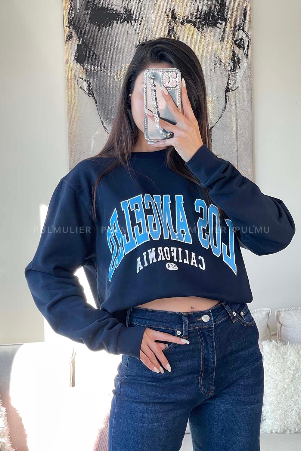 Navy Blue Crew Neck Long Arm Printed Sweatshirt