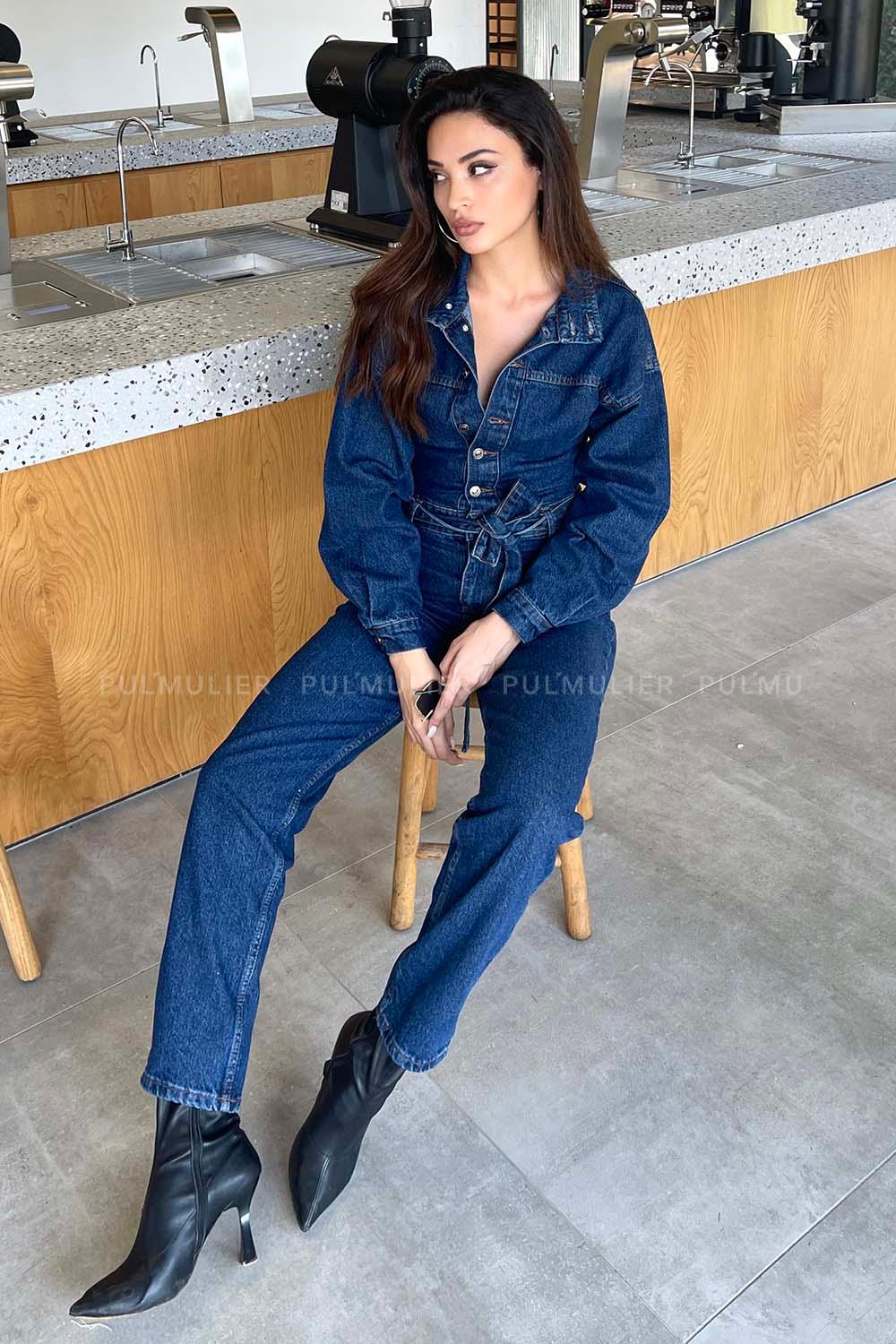 Dark Blue Shirt Collar Denim Unprinted Overalls