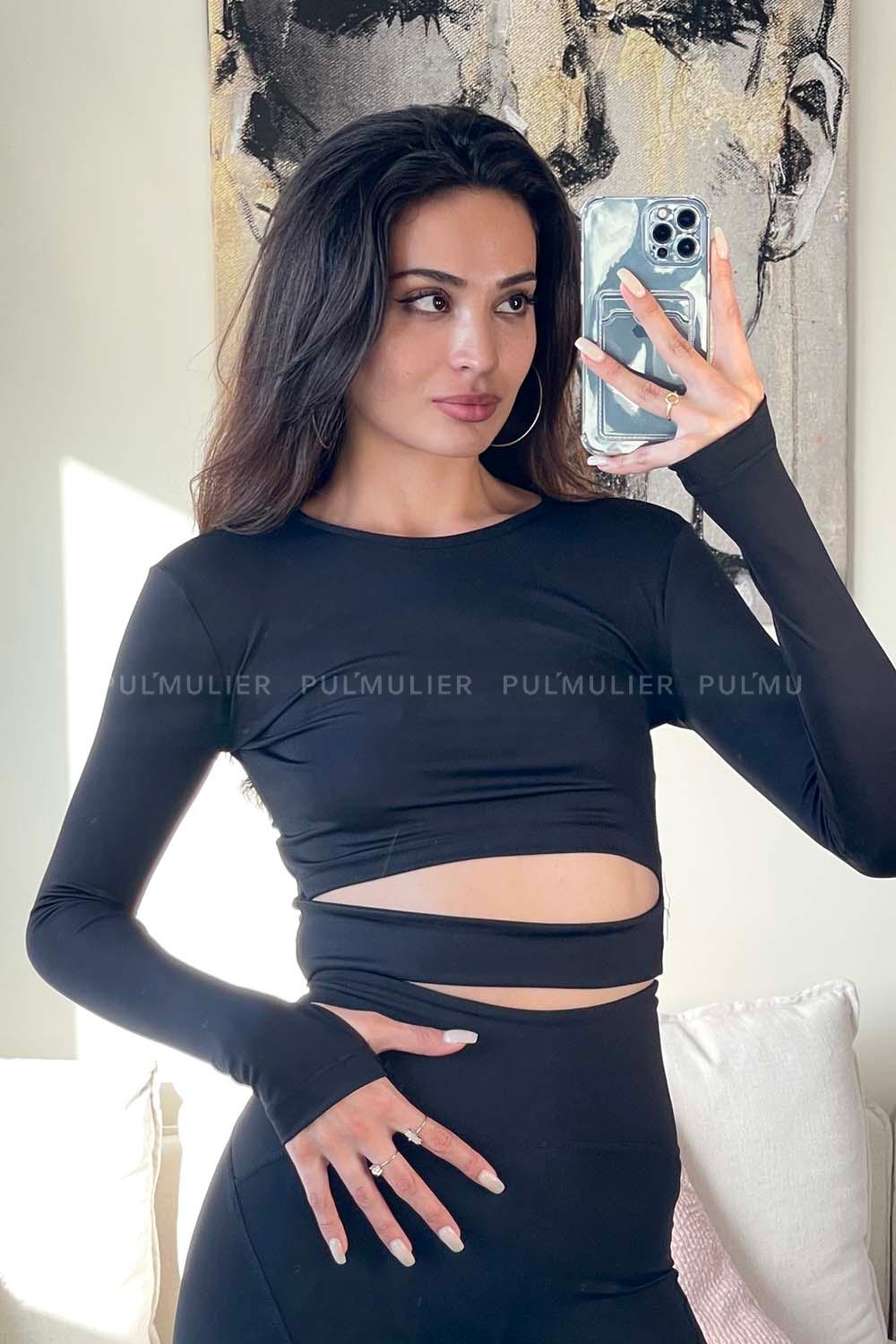 Black Normal Neck Long Arm Cotton Fabric Crop