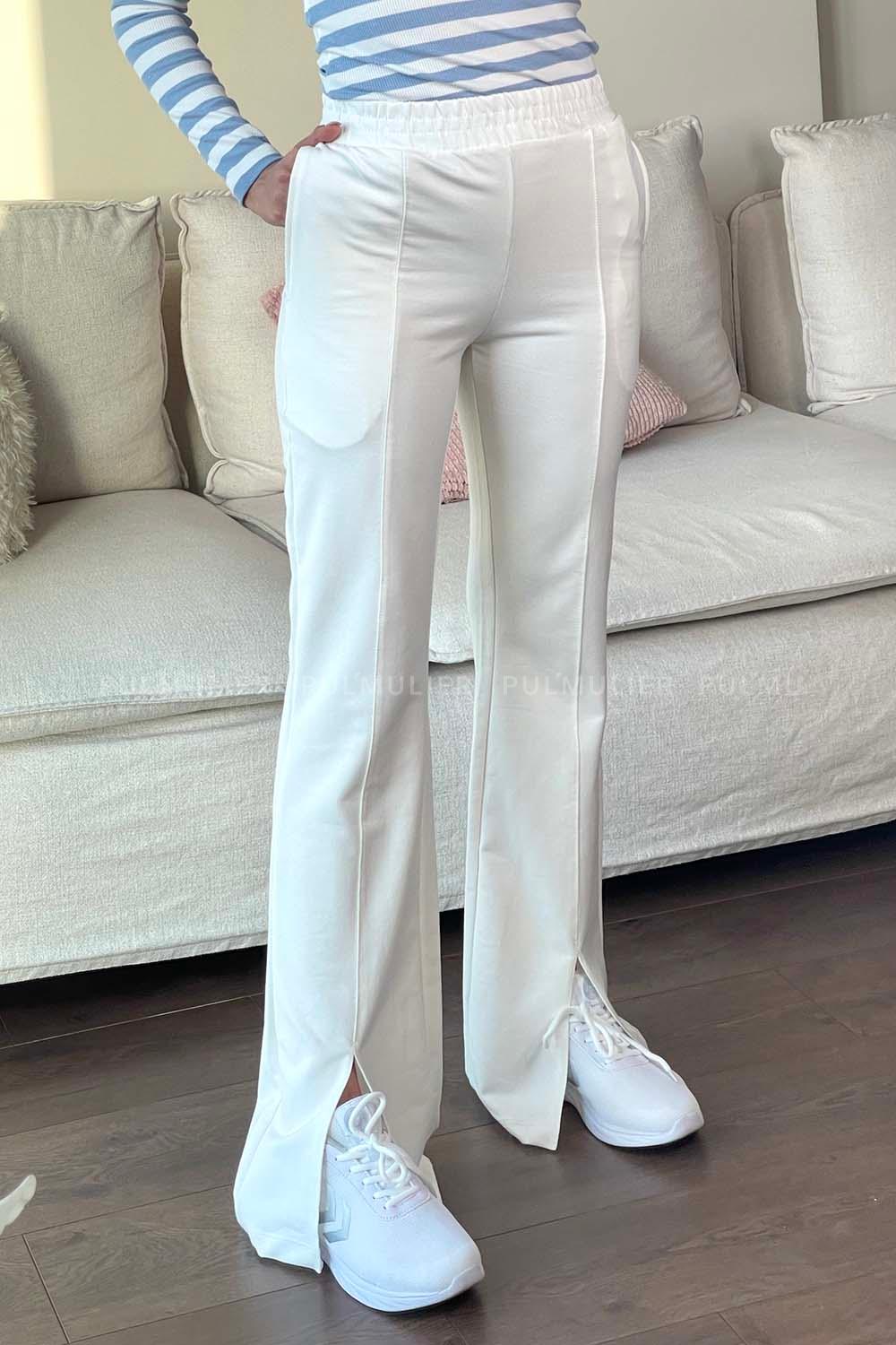 Ecru Flared Trousers Elastic Waist Regular Cut Bottom Tracksuit