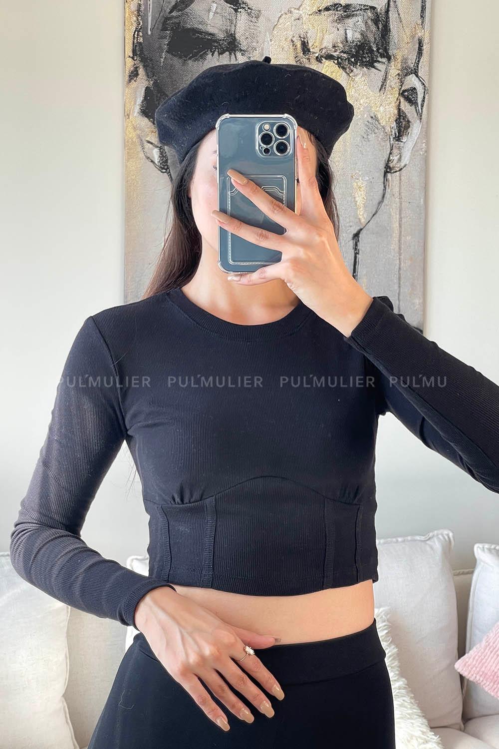 Black Medium Crew Neck Long Arm Cotton Fabric Body