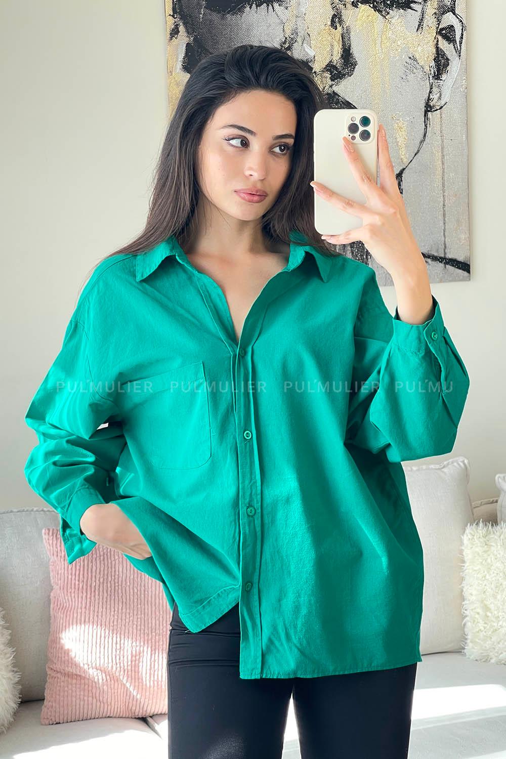 Green Shirt Collar Long Arm Cotton Fabric Unprinted Shirt