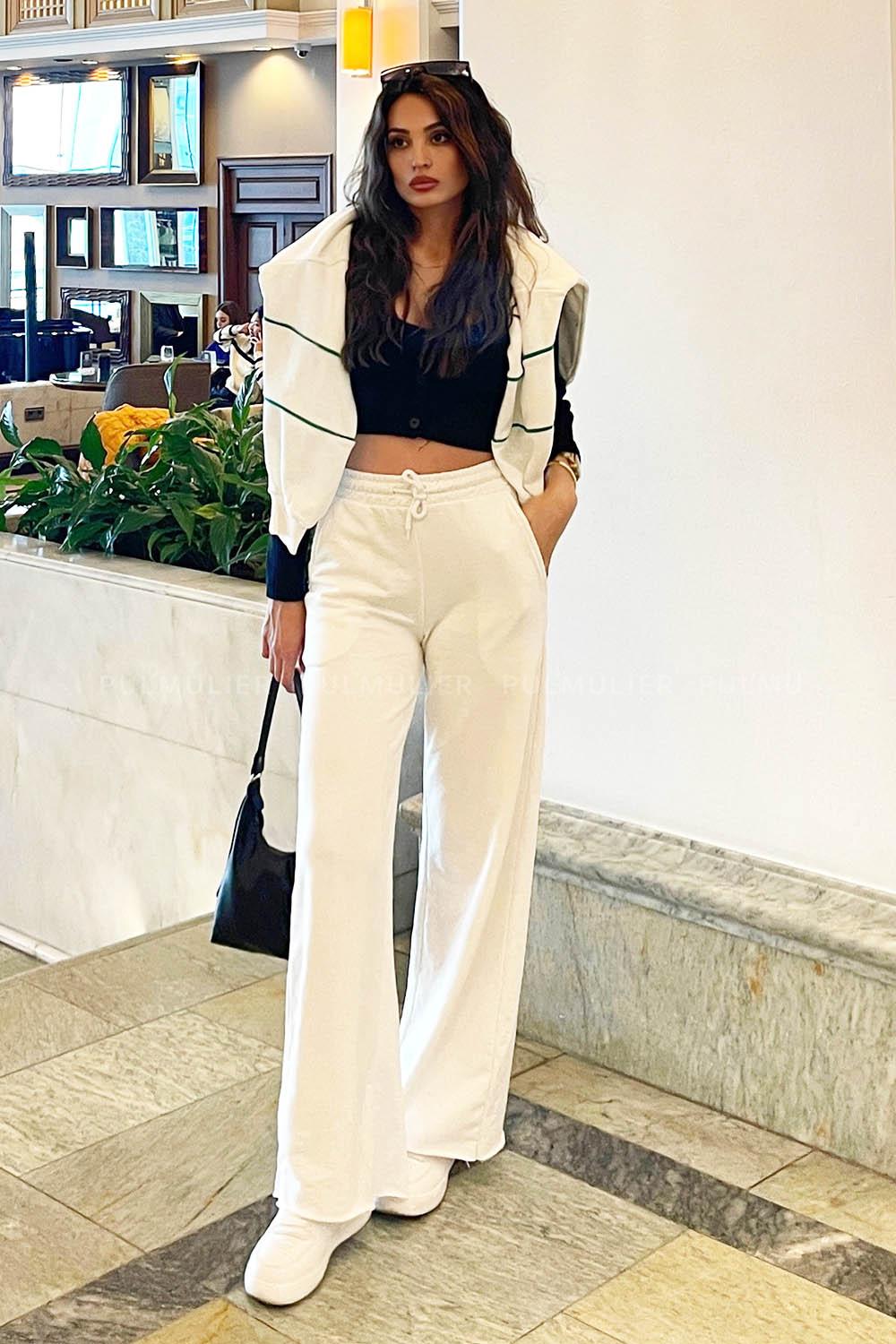 Ecru Flared Trousers Elastic Waist Regular Cut Bottom Tracksuit