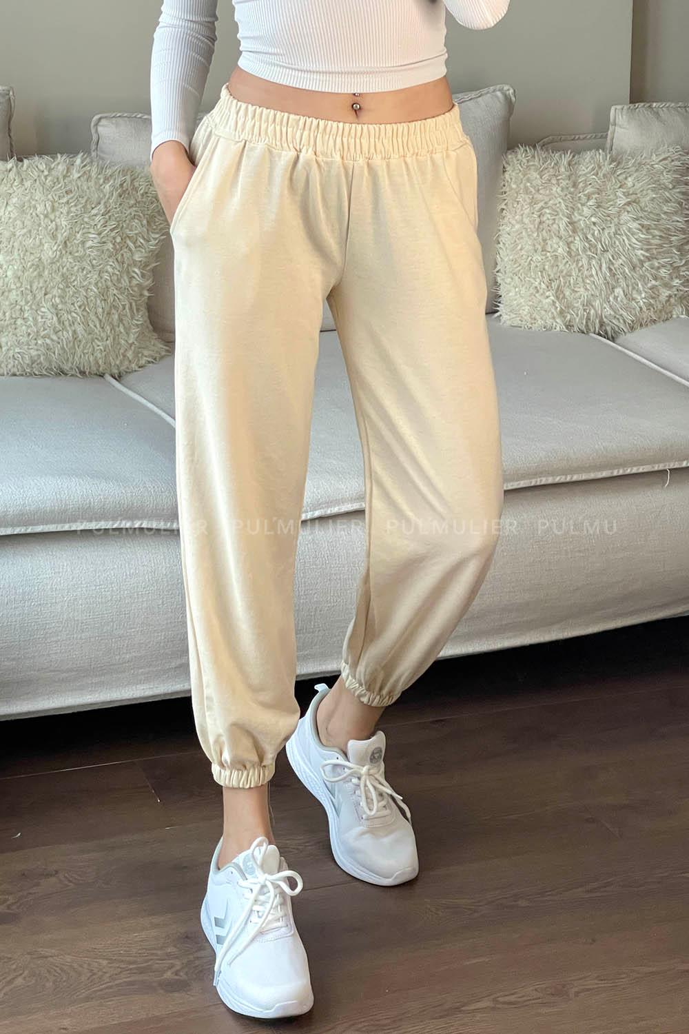 Cream Elastic Trousers Elastic Waist Regular Cut Bottom Tracksuit