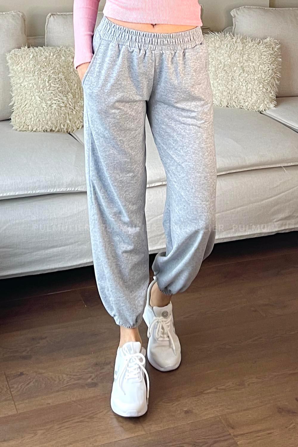 Gray Elastic Trousers Elastic Waist Regular Cut Bottom Tracksuit