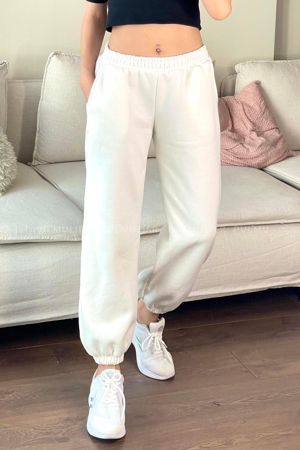 White Elastic Trousers Elastic Waist Regular Cut Bottom Tracksuit