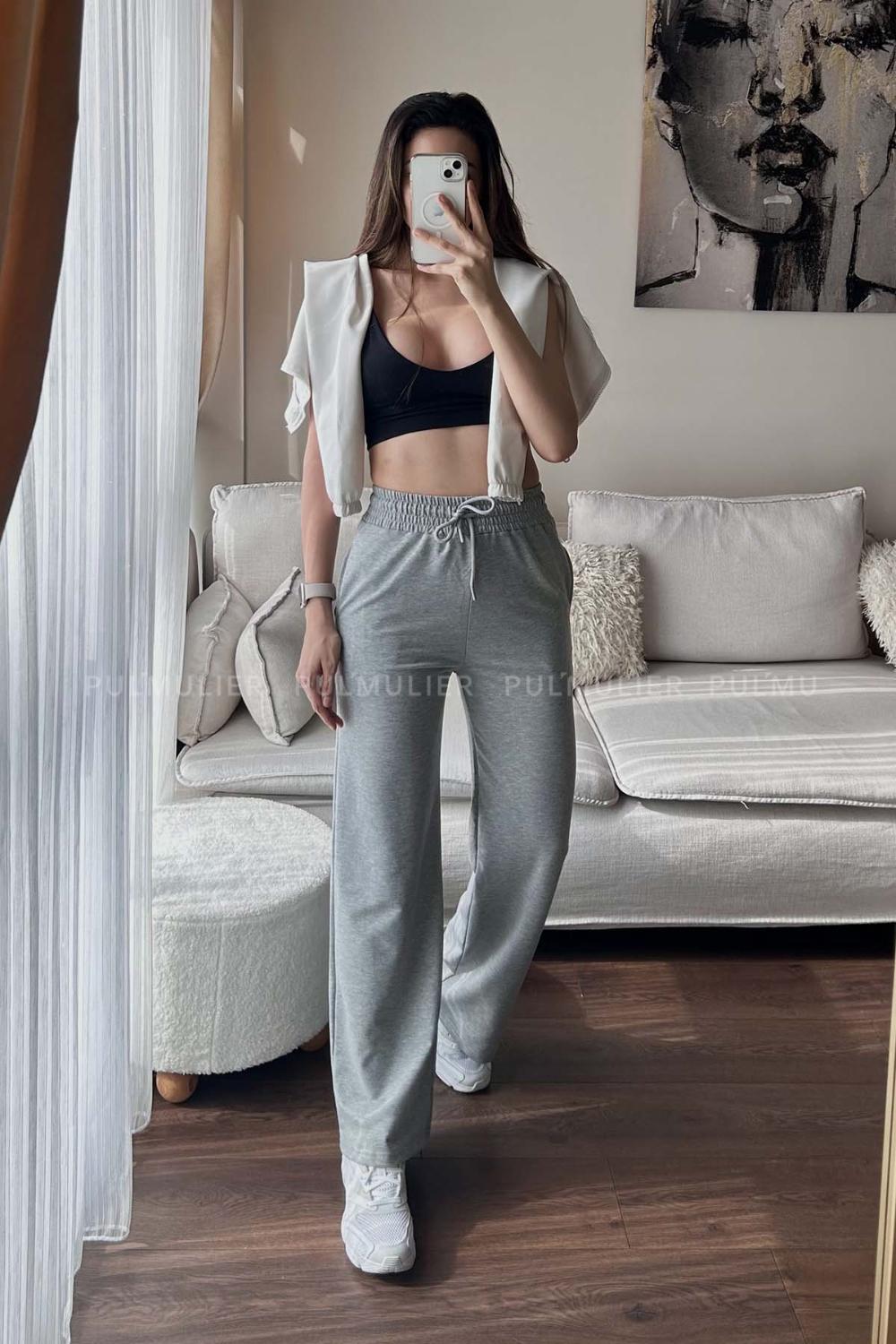 Gray Regular Trousers High Waist Regular Cut Bottom Tracksuit