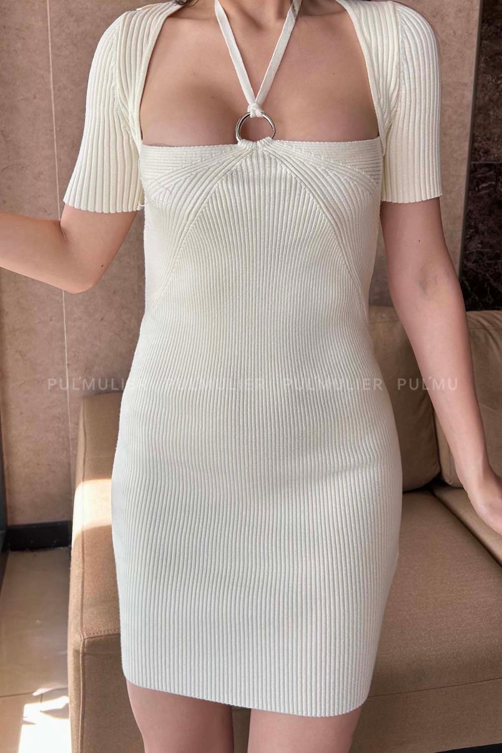 Cream Scope Neck Knitwear Unprinted Dresess