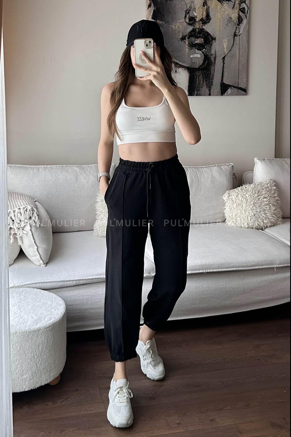Black Regular Trousers High Waist Regular Cut Bottom Tracksuit