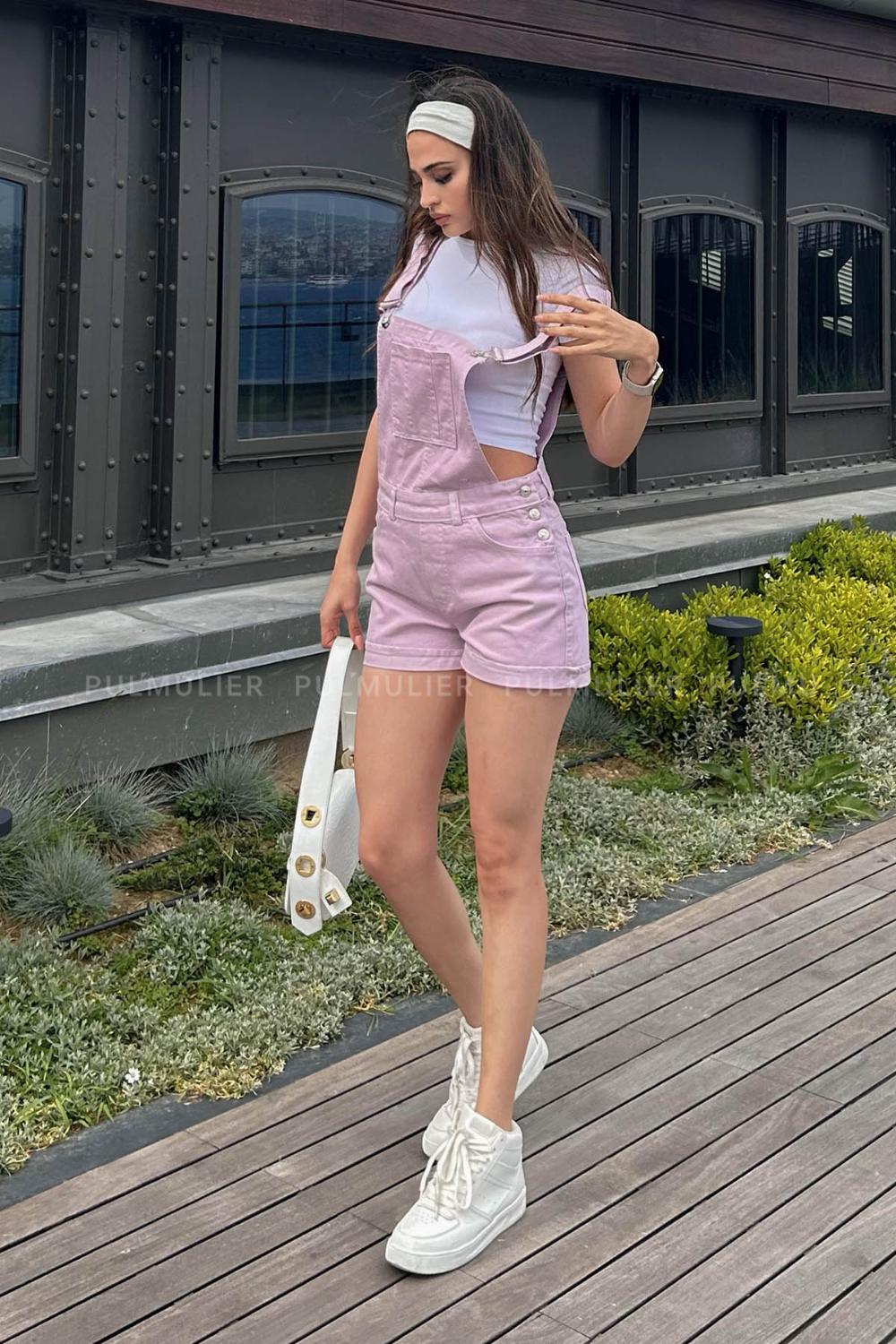 Lilac Shirt Collar Denim Unprinted Overalls