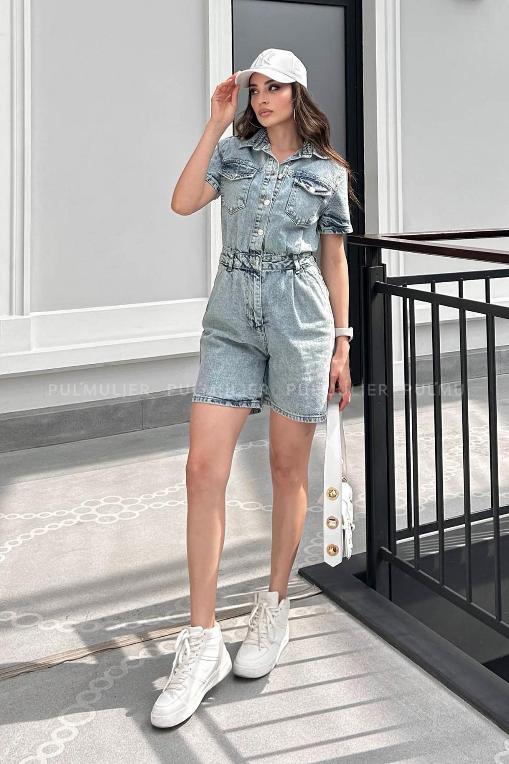 Light Blue Shirt Collar Denim Unprinted Overalls