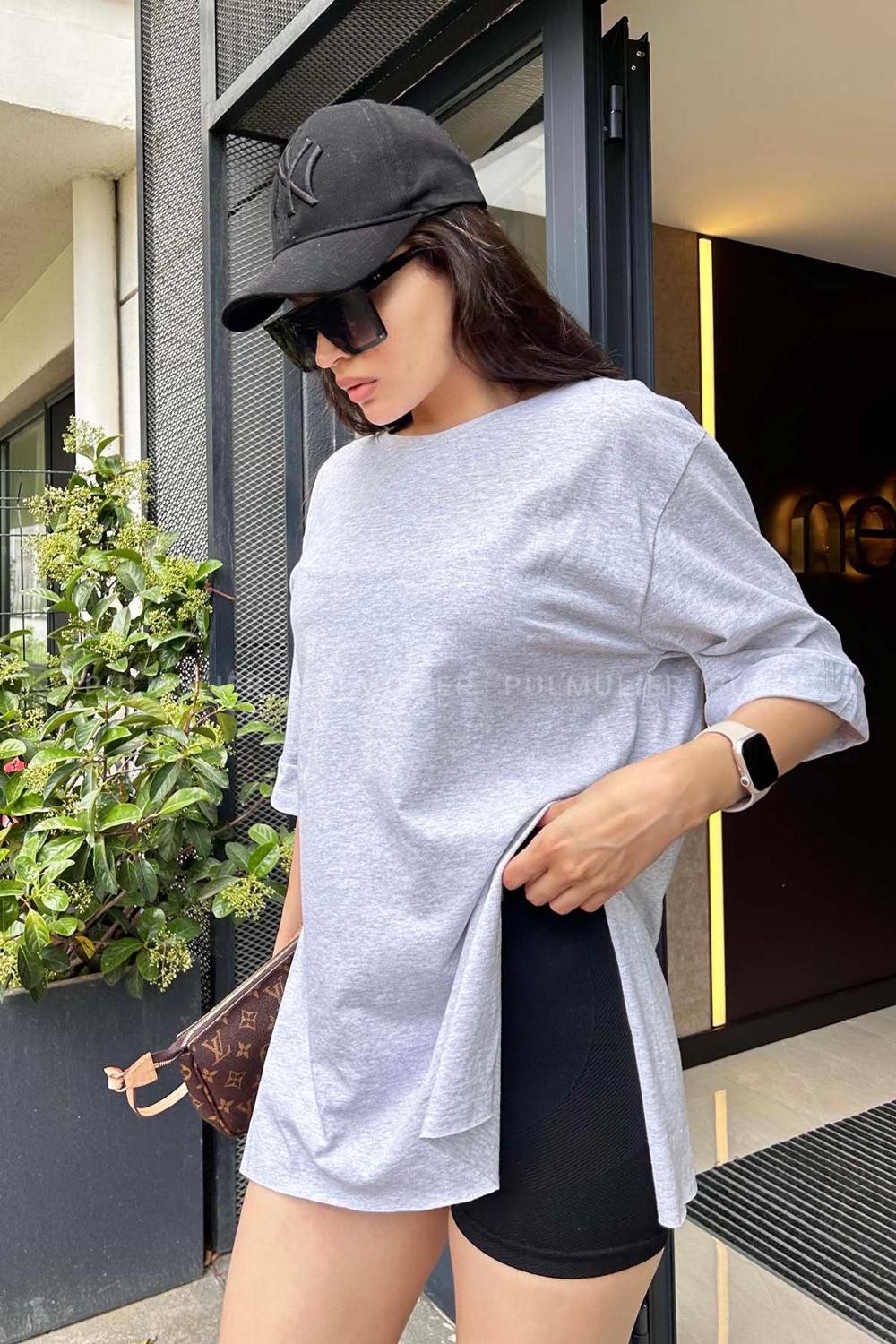 Gray Medium Crew Neck Short Arm Cotton Fabric Printed T-shirt