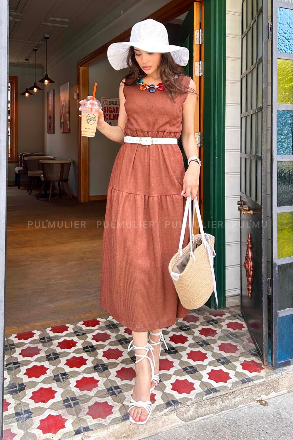 Bitter Brown Scope Neck Knitwear Unprinted Dresess