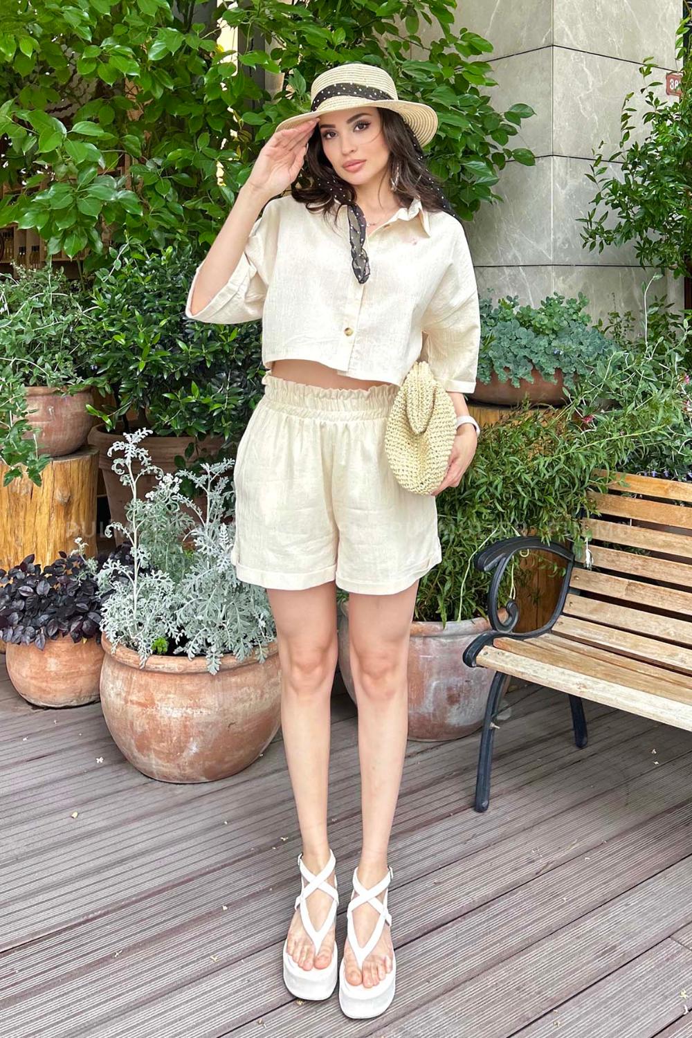 Stone Shirt Collar Short Arm Without Accessories Linen Regular Trousers Linen Suit