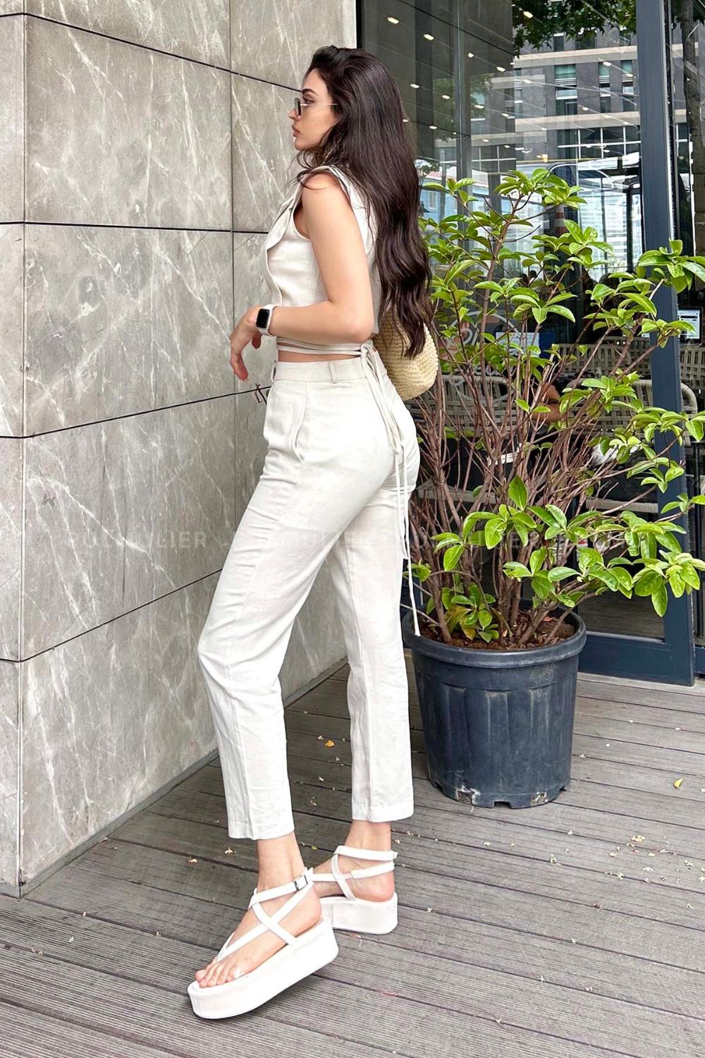 Stone Crew Neck Sleeveless Arm Buckle Linen Narrow Leg Linen Suit