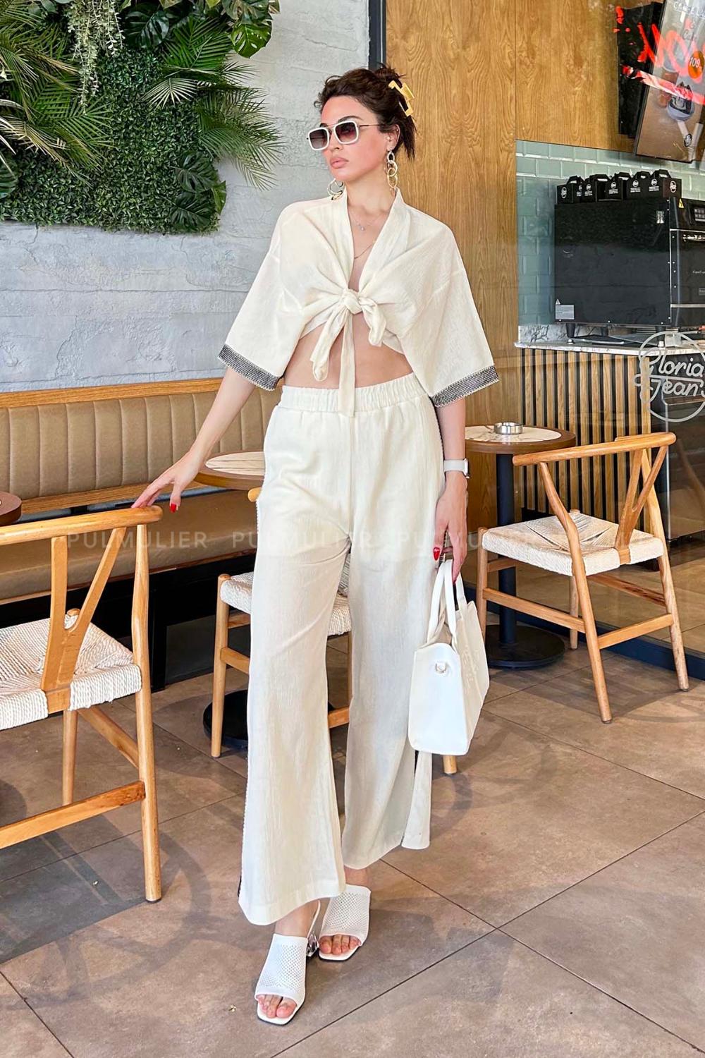 Cream Lower V Neck Half Arm Arm Without Accessories Silk Flared Trousers Comfortable Suit