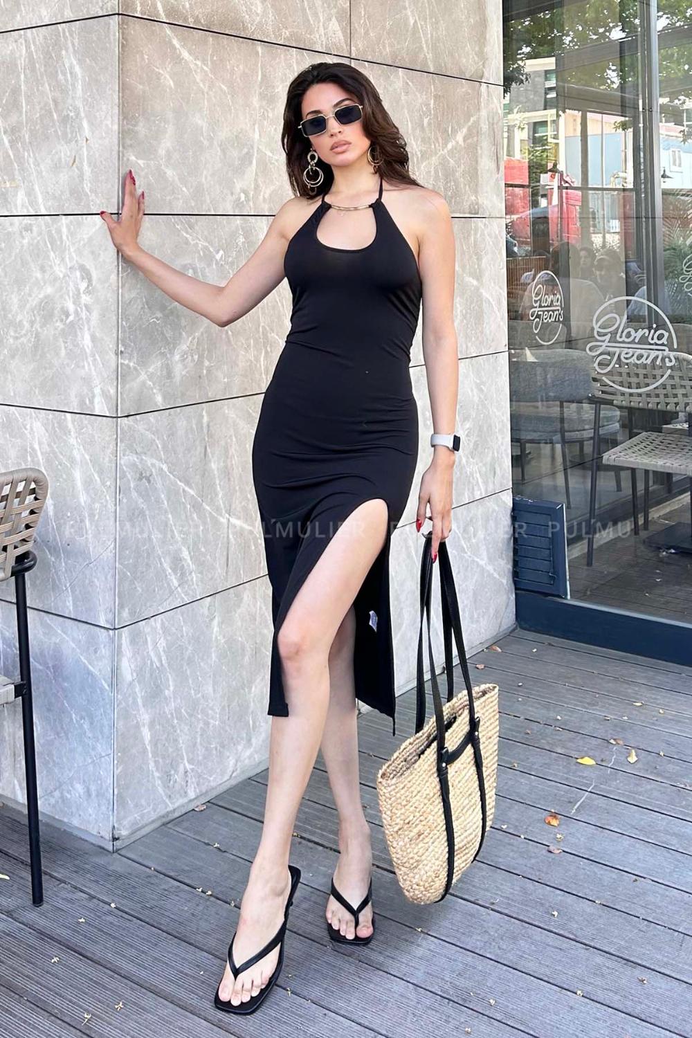 Black Scope Neck Knitwear Unprinted Dresess