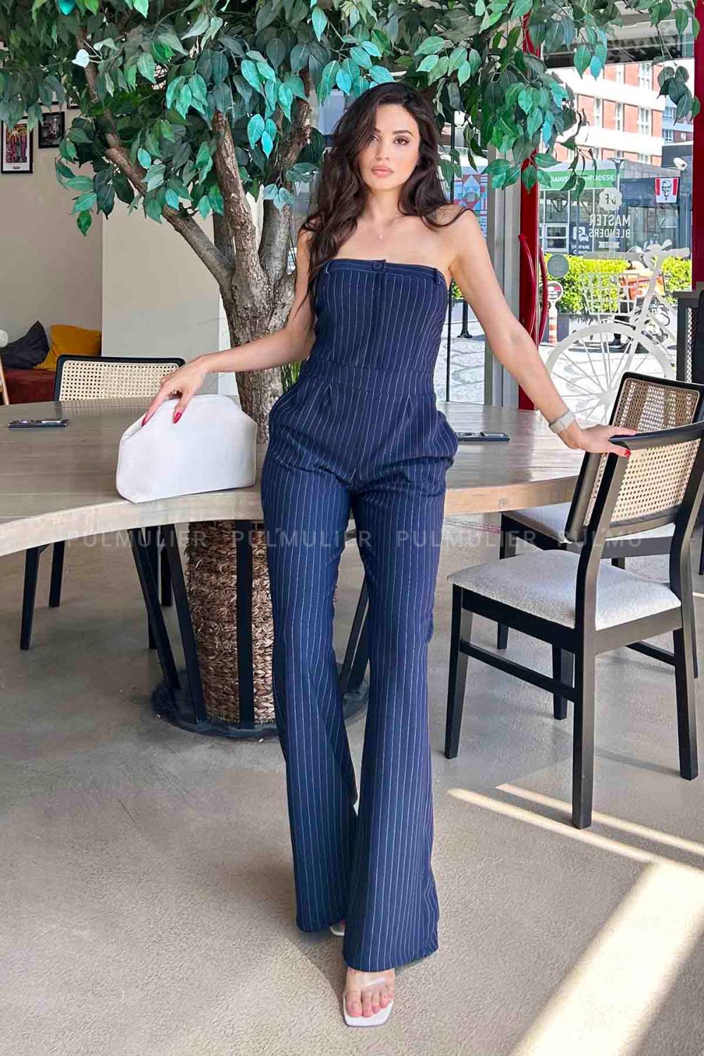 Navy Blue Shirt Collar Denim Unprinted Overalls