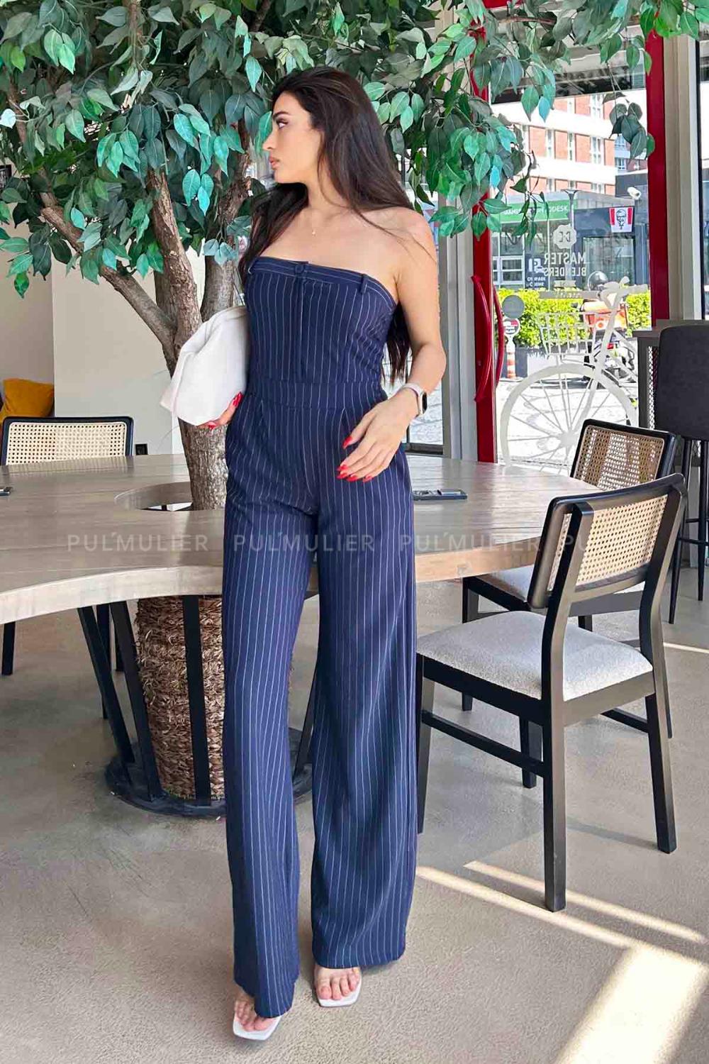 Navy Blue Shirt Collar Denim Unprinted Overalls