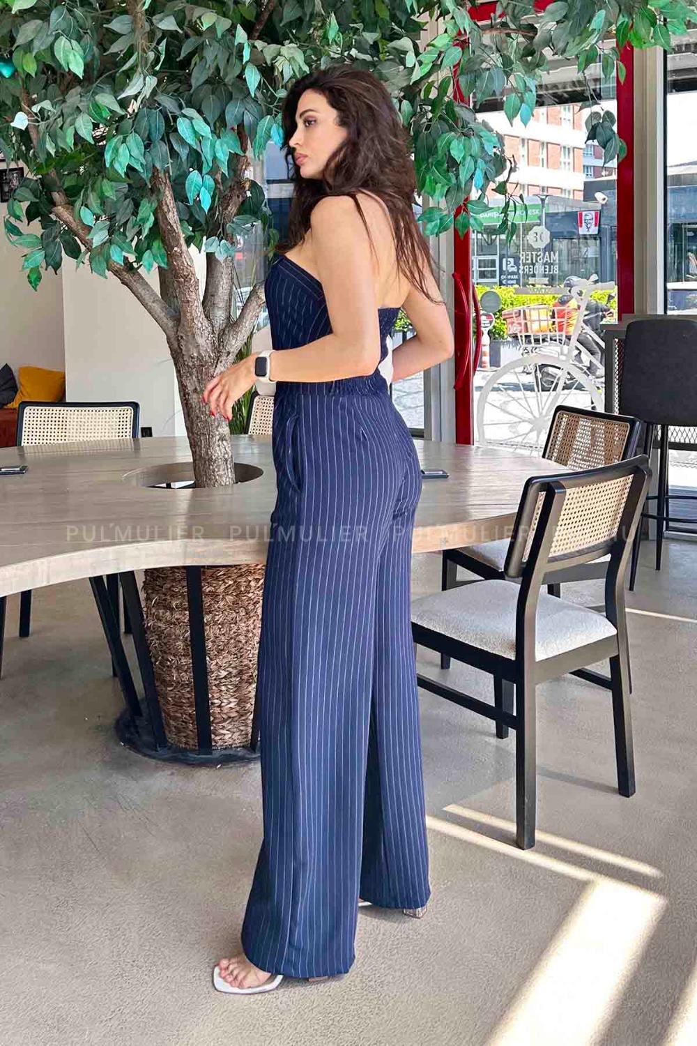 Navy Blue Shirt Collar Denim Unprinted Overalls