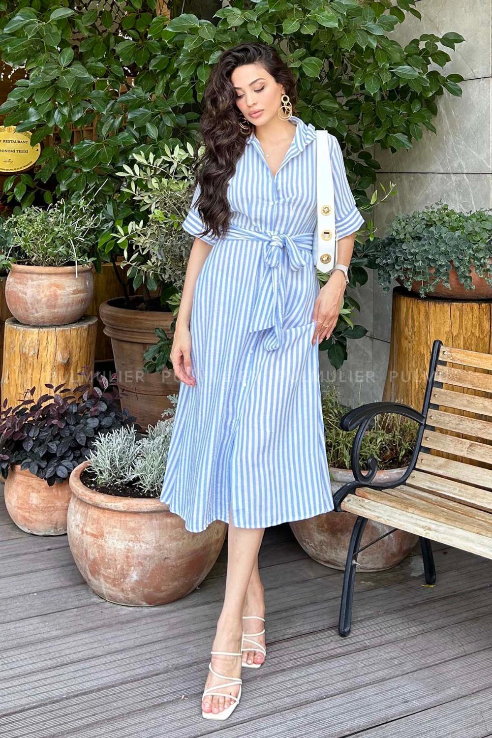 Light Blue Scope Neck Knitwear Unprinted Dresess