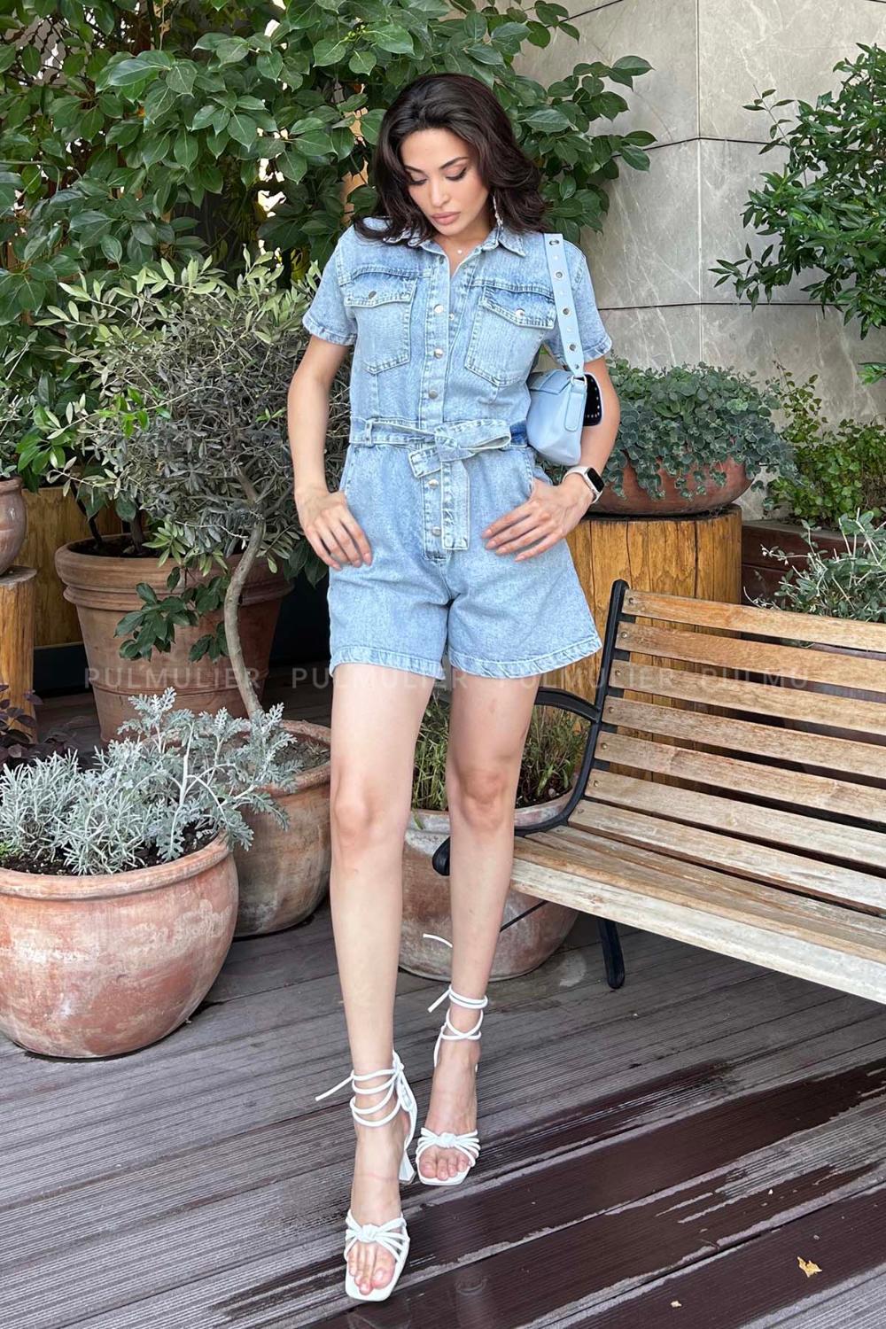 Ice Blue Shirt Collar Denim Unprinted Overalls