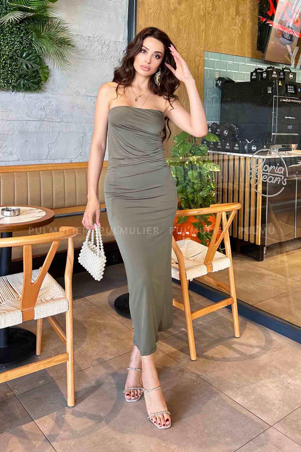 Khaki Scope Neck Knitwear Unprinted Dresess