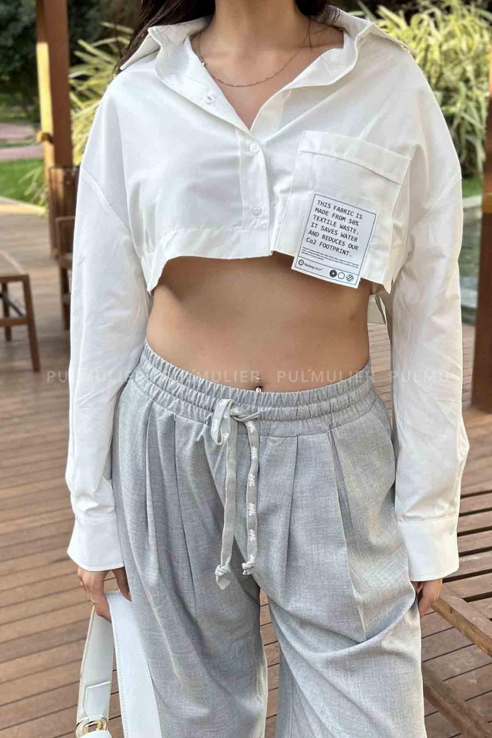 Ecru Shirt Collar Long Arm Cotton Fabric Unprinted Shirt