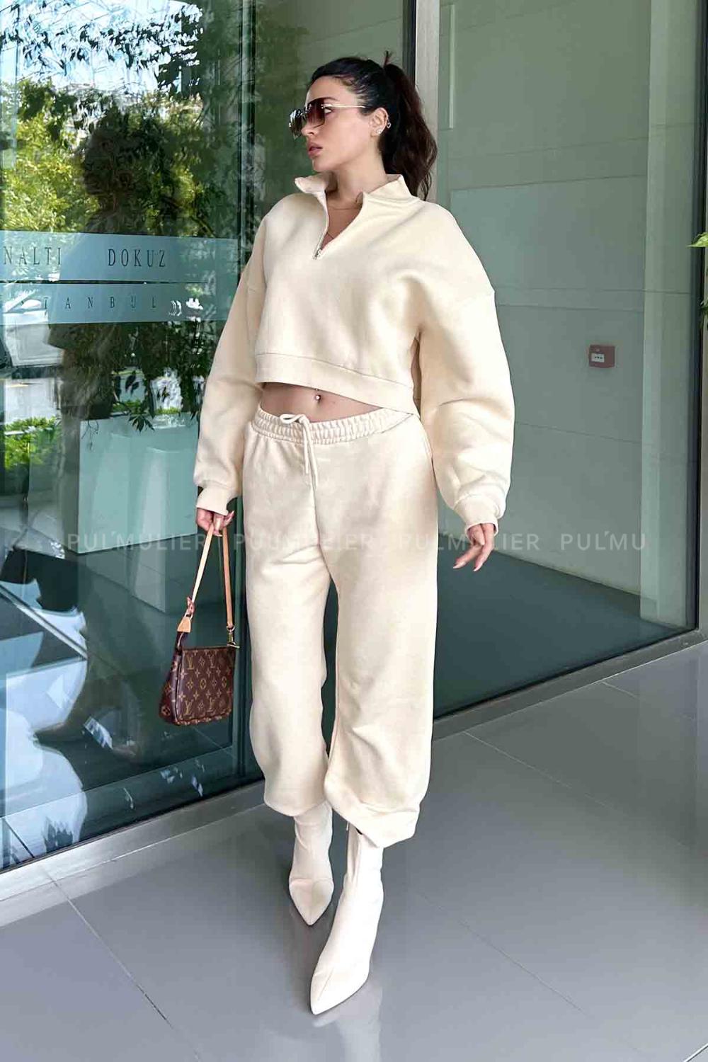 Beige Crew Neck Long Arm Without Accessories Cotton Elastic Trousers Comfortable Suit