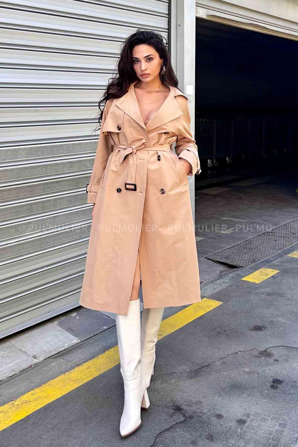 Camel Long Arm Without Accessories Cotton Fabric Trench Coat