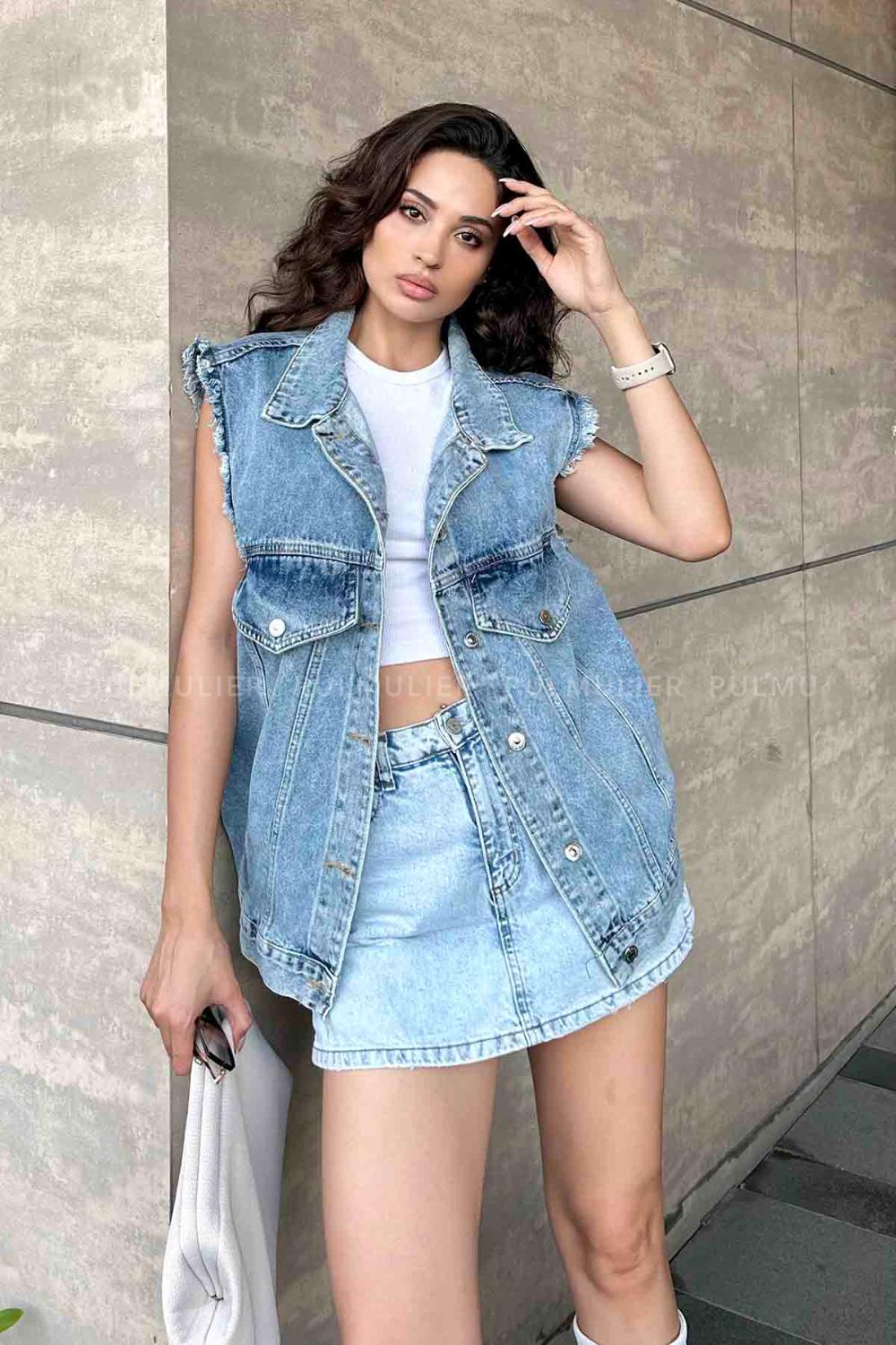 Ice Blue Shirt Collar Long Arm Denim Denim Jacket