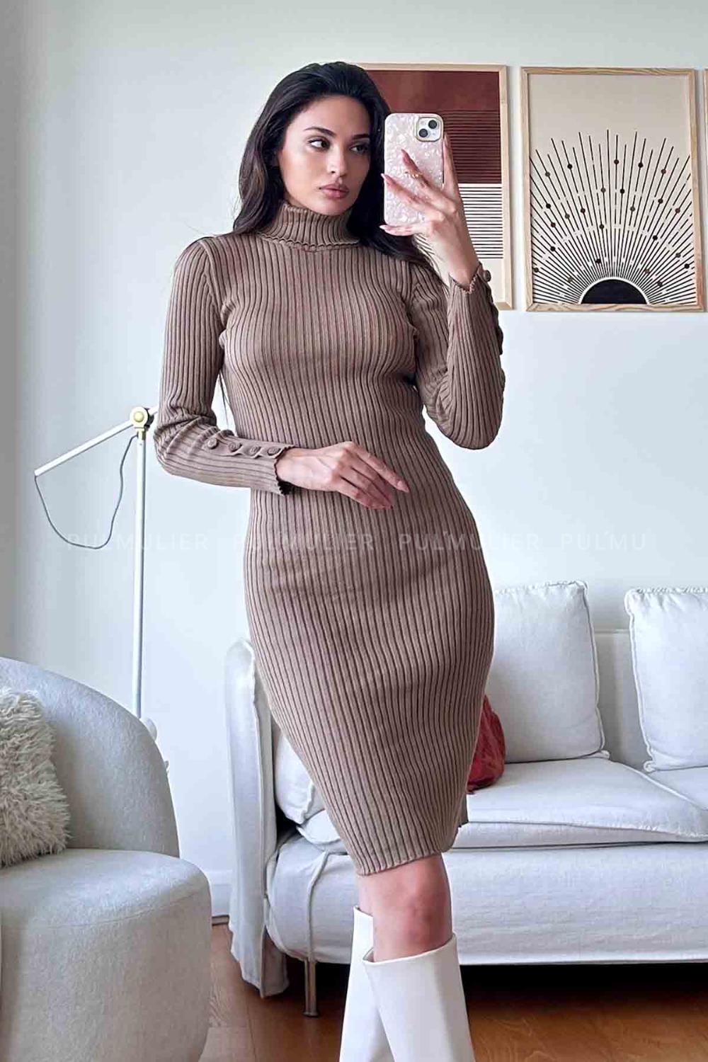 Soft Brown Scope Neck Knitwear Unprinted Dresess