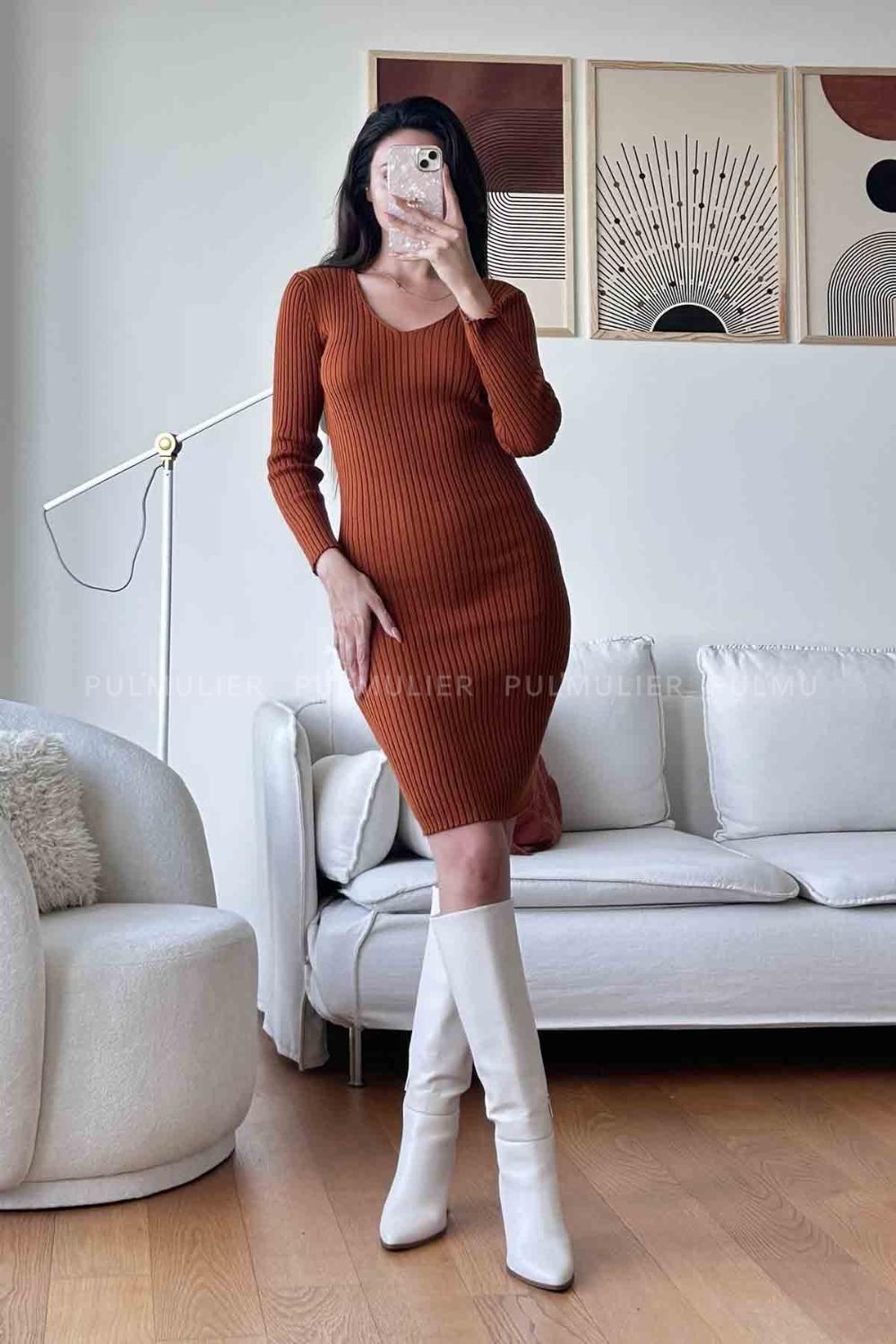 Tan Scope Neck Knitwear Unprinted Dresess