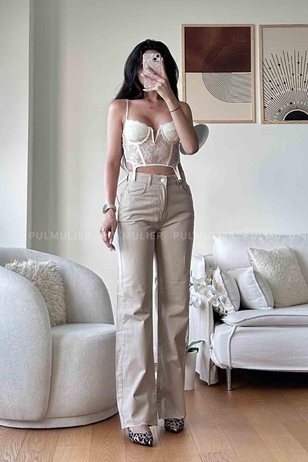 Beige Denim High Waist Denim Pants