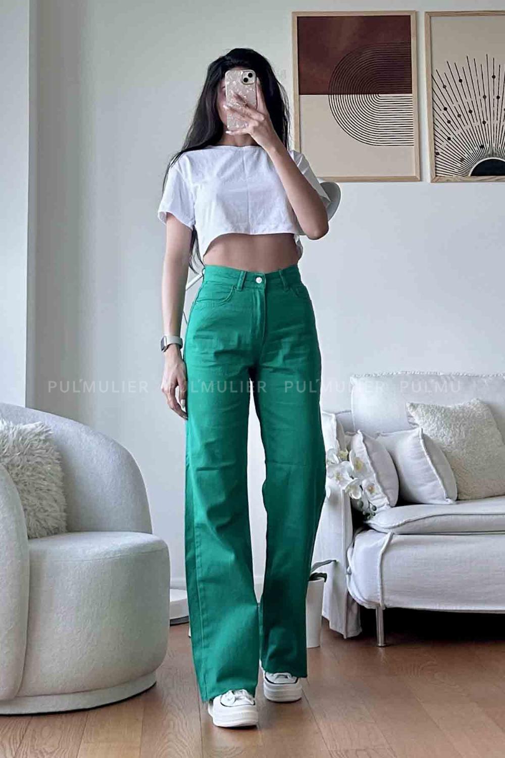 Green Denim High Waist Denim Pants