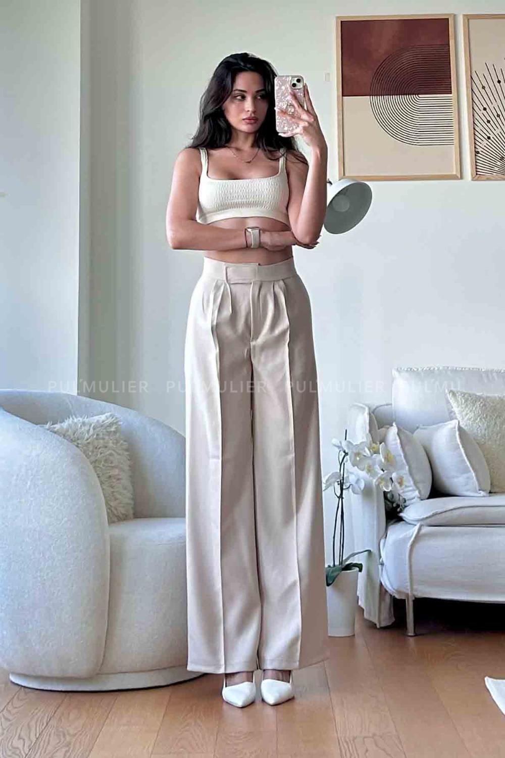 Cream Cotton High Waist Comfortable Pants